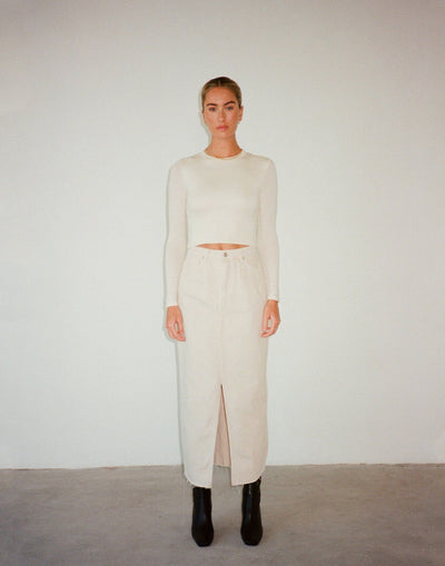Drew Denim Midi Skirt (Pumice) - Middle Split Mid Rise Midi Skirt - Women's Skirt - Charcoal Clothing
