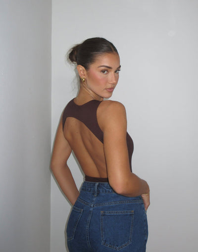 Forget It Bodysuit (Cocoa) - Round Neck Backless Detail Bodysuit - Women's Top - Charcoal Clothing