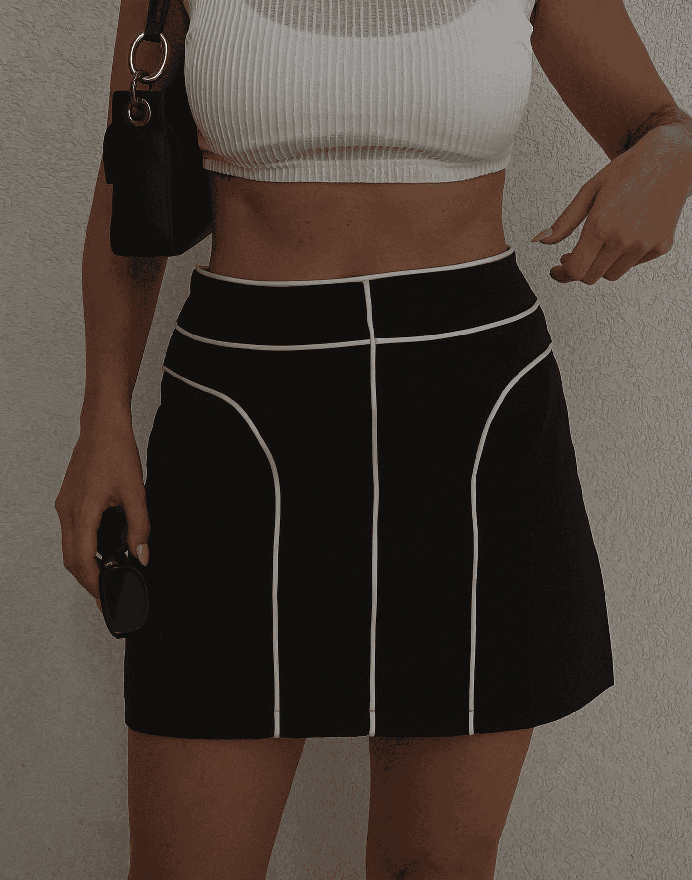 Electric Mini Skirt (Black) - White Contrast Stitching Mini Skirt - Women's Skirt - Charcoal Clothing