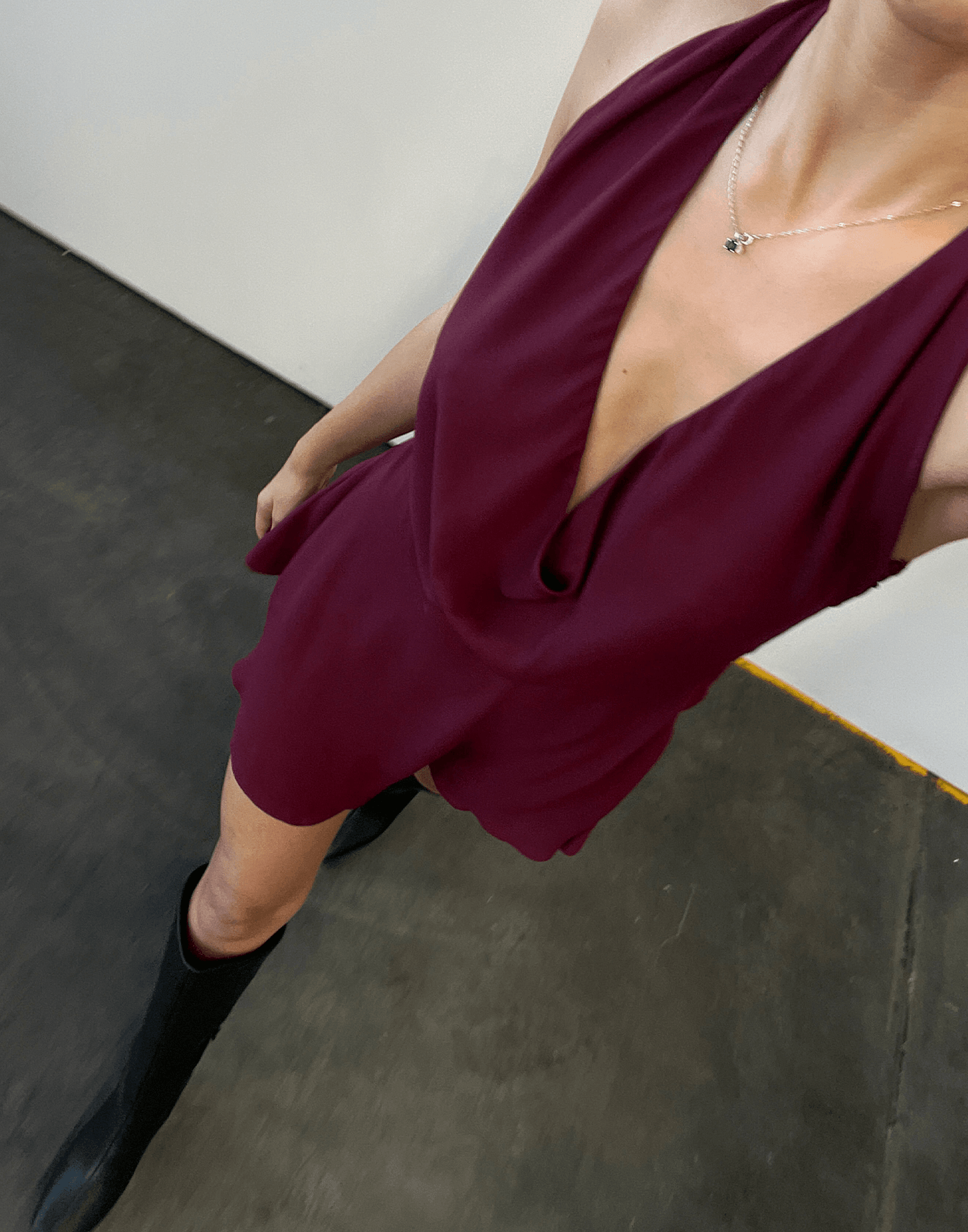 Kyeesha Mini Dress (Plum) - Plum Halter Cowl Neck Mini Dress - Women's Dress - Charcoal Clothing