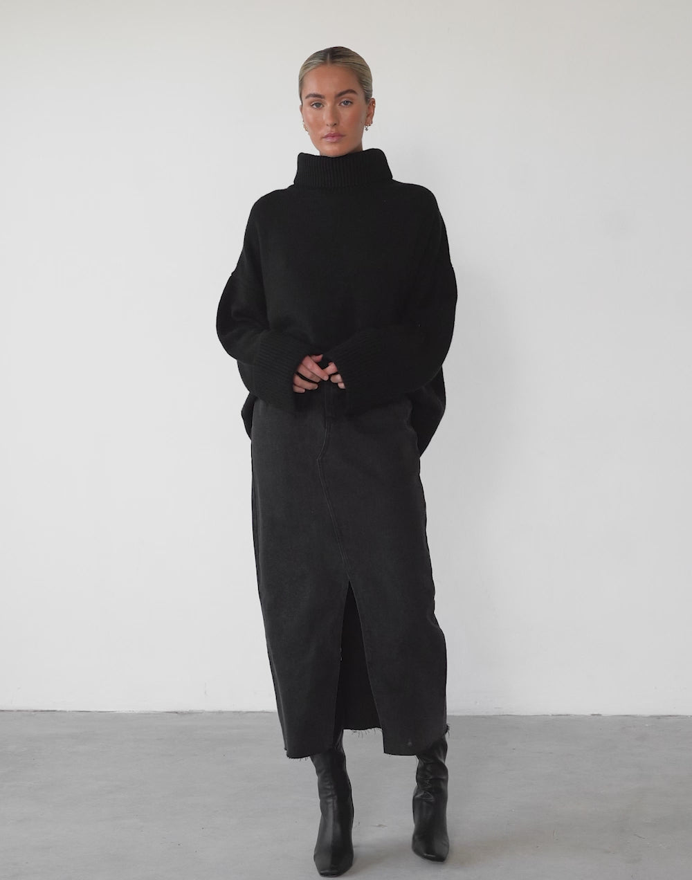 Drew Denim Midi Skirt (Dark Grey)