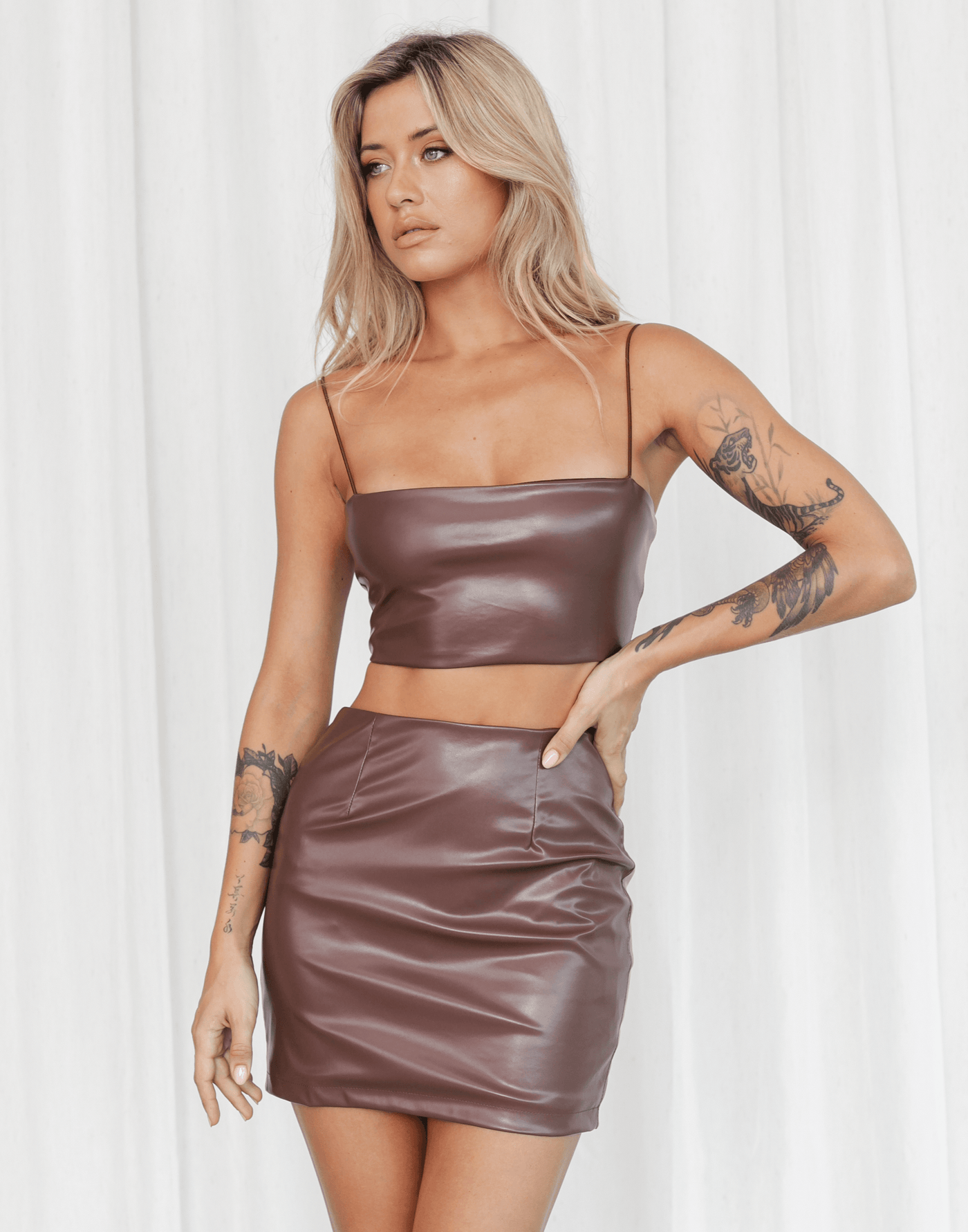 Chicago Crop Top (Brown) - Faux Leather Crop Top - Women's Top - Charcoal Clothing