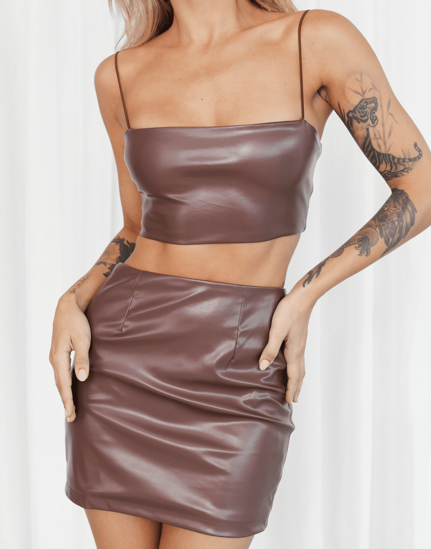 Chicago Crop Top (Brown) - Faux Leather Crop Top - Women's Top - Charcoal Clothing