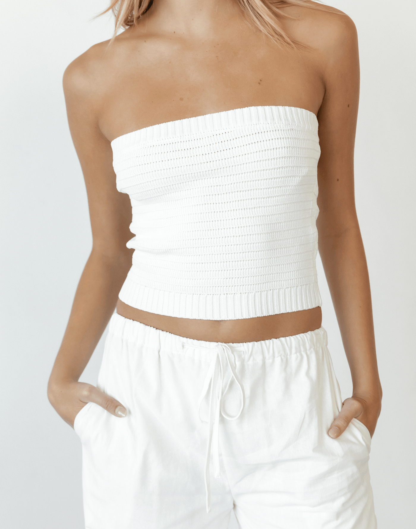 Lytton Strapless Crop Top (White) - Ribbed Knit Strapless Top - Women's Top - Charcoal Clothing