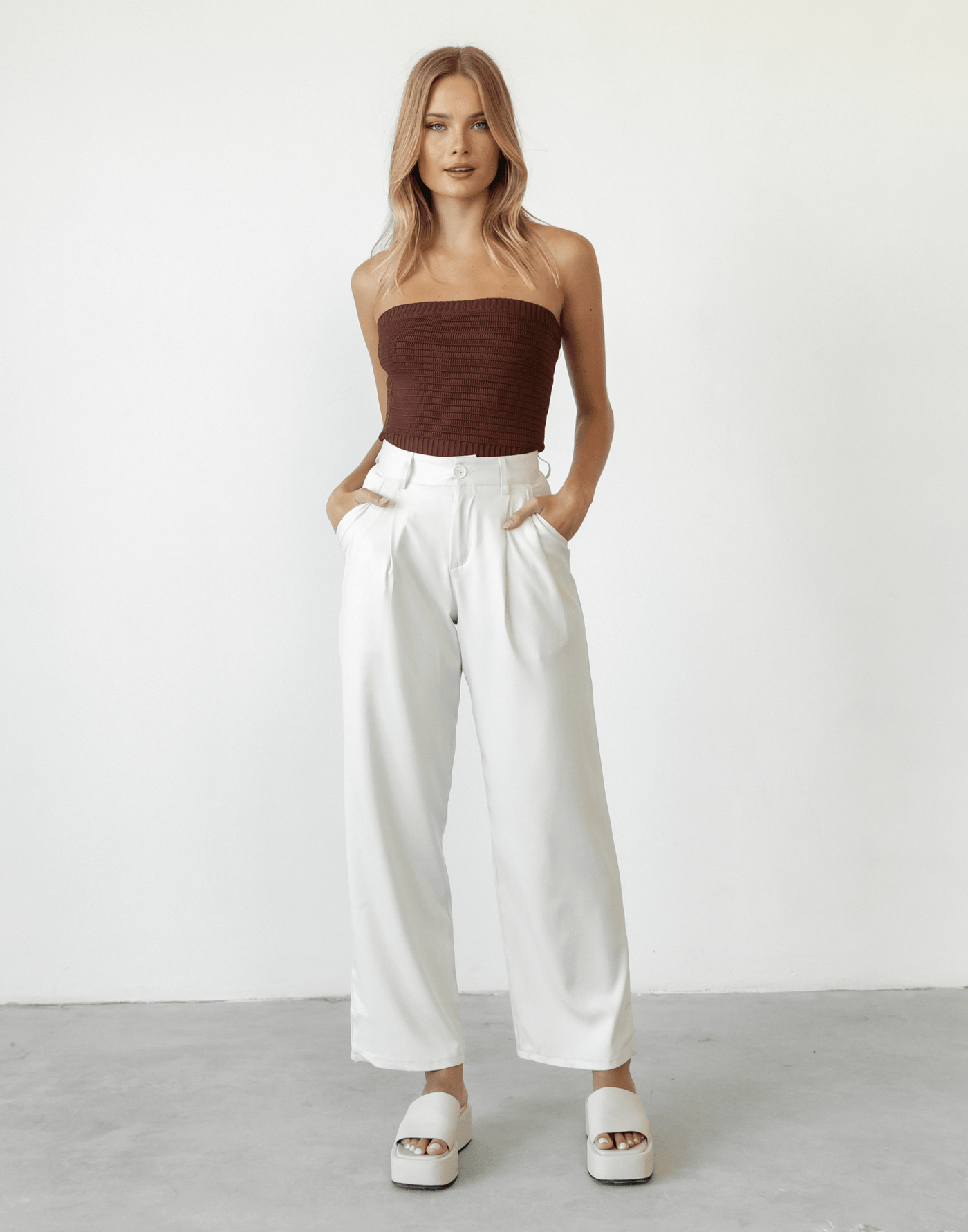 Lytton Strapless Crop Top (Brown) - Ribbed Knit Strapless Top - Women's Top - Charcoal Clothing