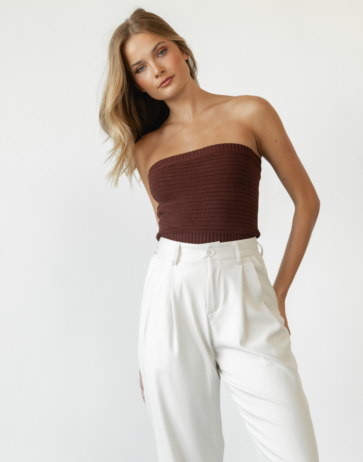 Lytton Strapless Crop Top (Brown) - Ribbed Knit Strapless Top - Women's Top - Charcoal Clothing