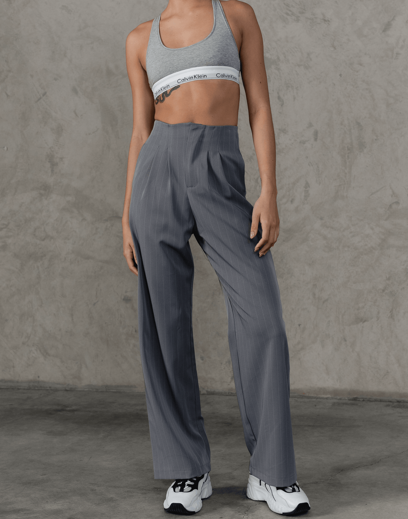 New Girl Pants (Grey Pinstripe) - Grey Pinstripe High Waisted Pants - Women's Pants - Charcoal Clothing