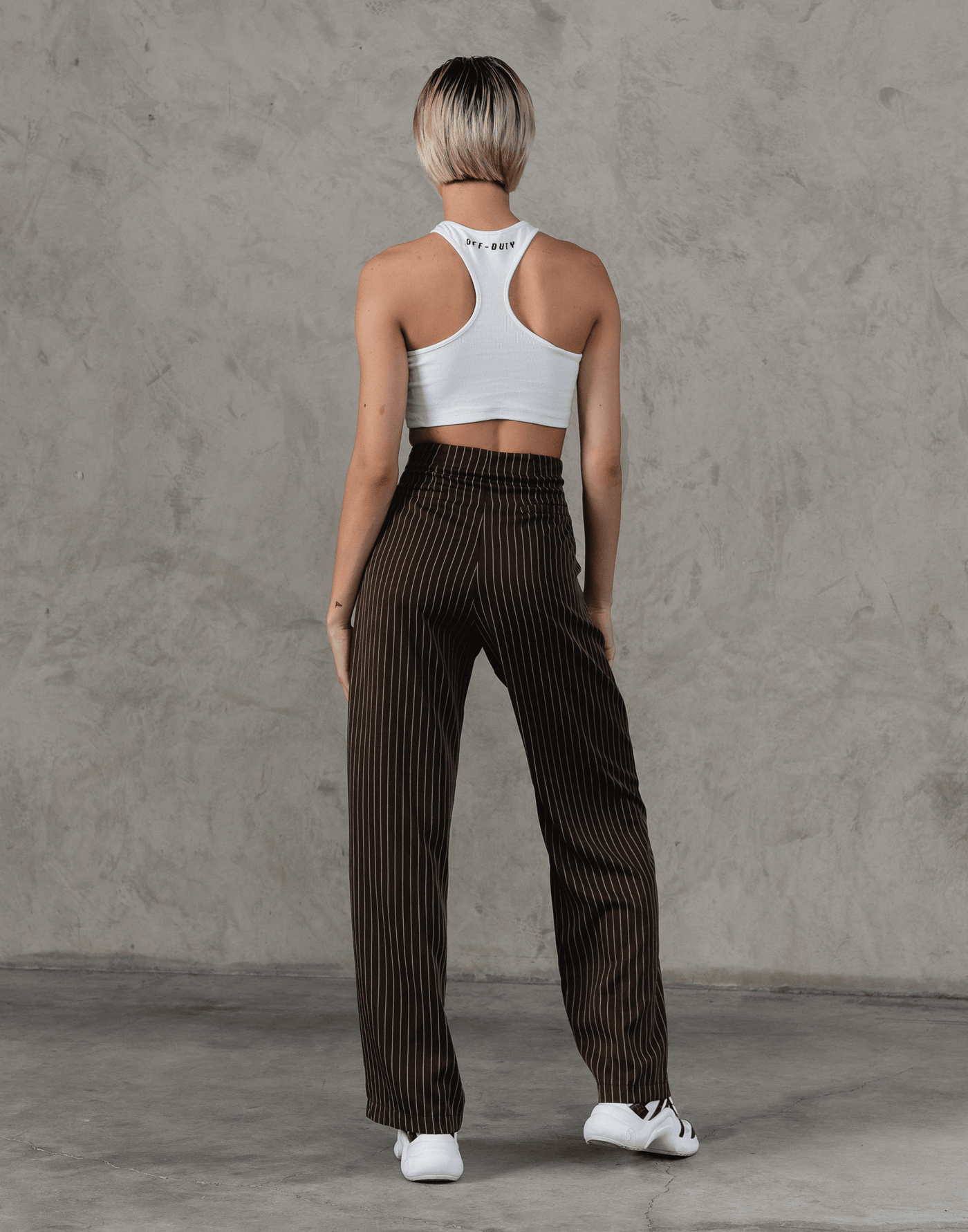 Calabasas Pants (Brown) - Brown Pinstripe High Waisted Pants - Women's Pants - Charcoal Clothing