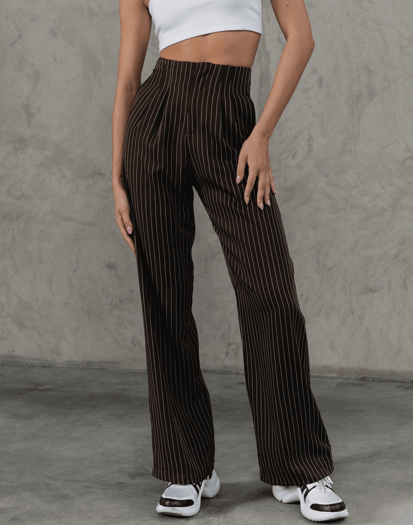 Calabasas Pants (Brown) - Brown Pinstripe High Waisted Pants - Women's Pants - Charcoal Clothing