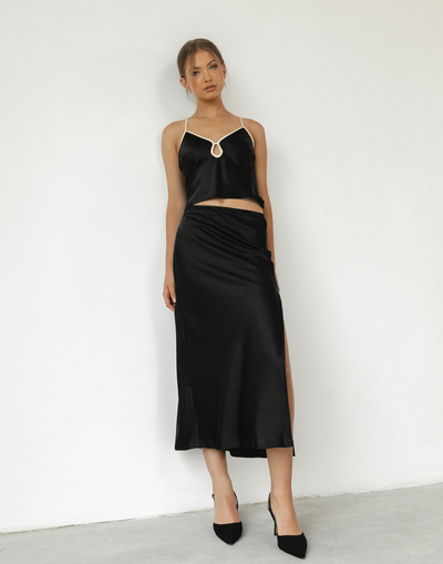 Felicity Maxi Skirt (Black) - Black Satin Maxi Skirt - Women's Skirts - Charcoal Clothing
