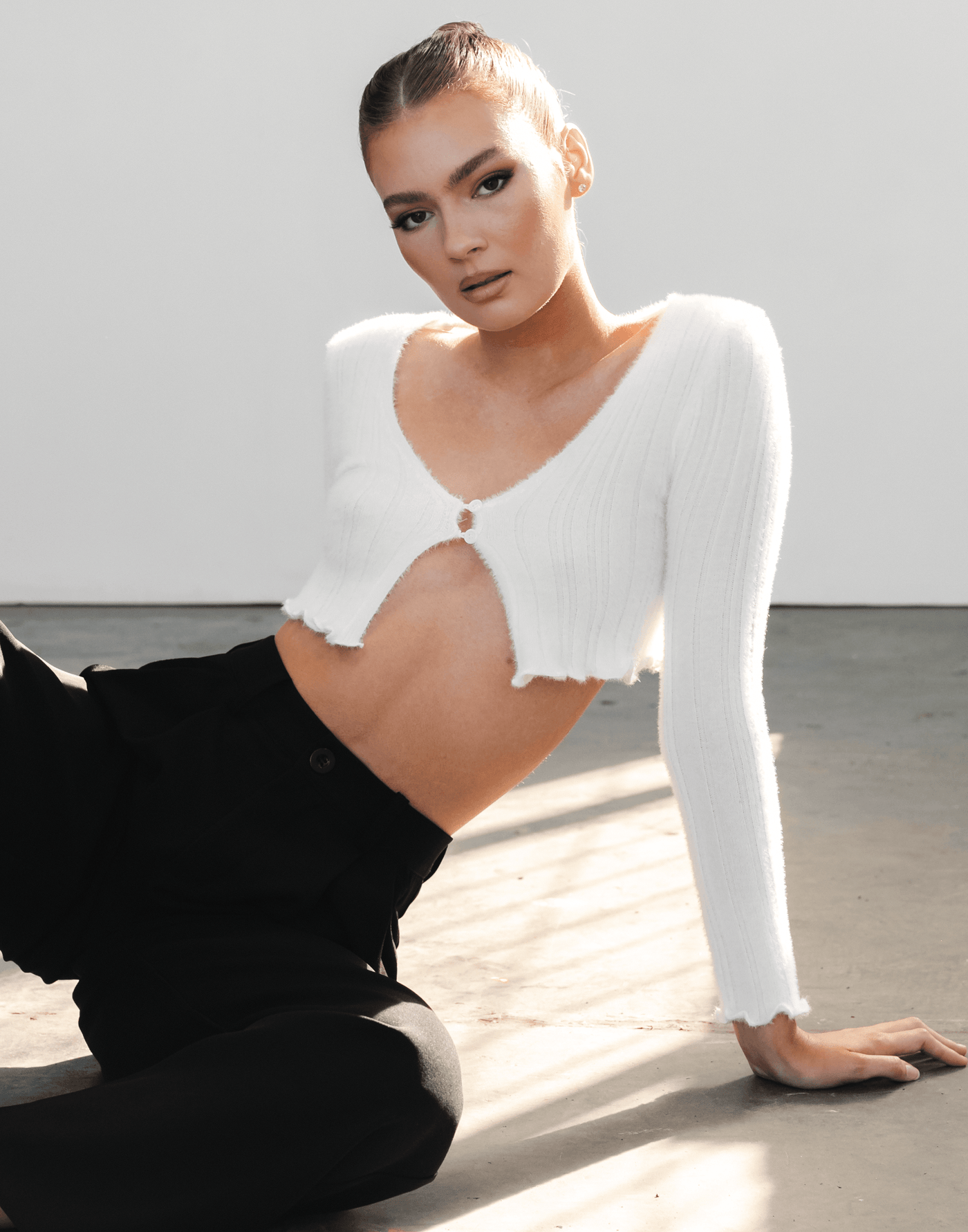 Wonder Knit Long Sleeve Top (White) - Cropped Long Sleeve Top - Women's Top - Charcoal Clothing