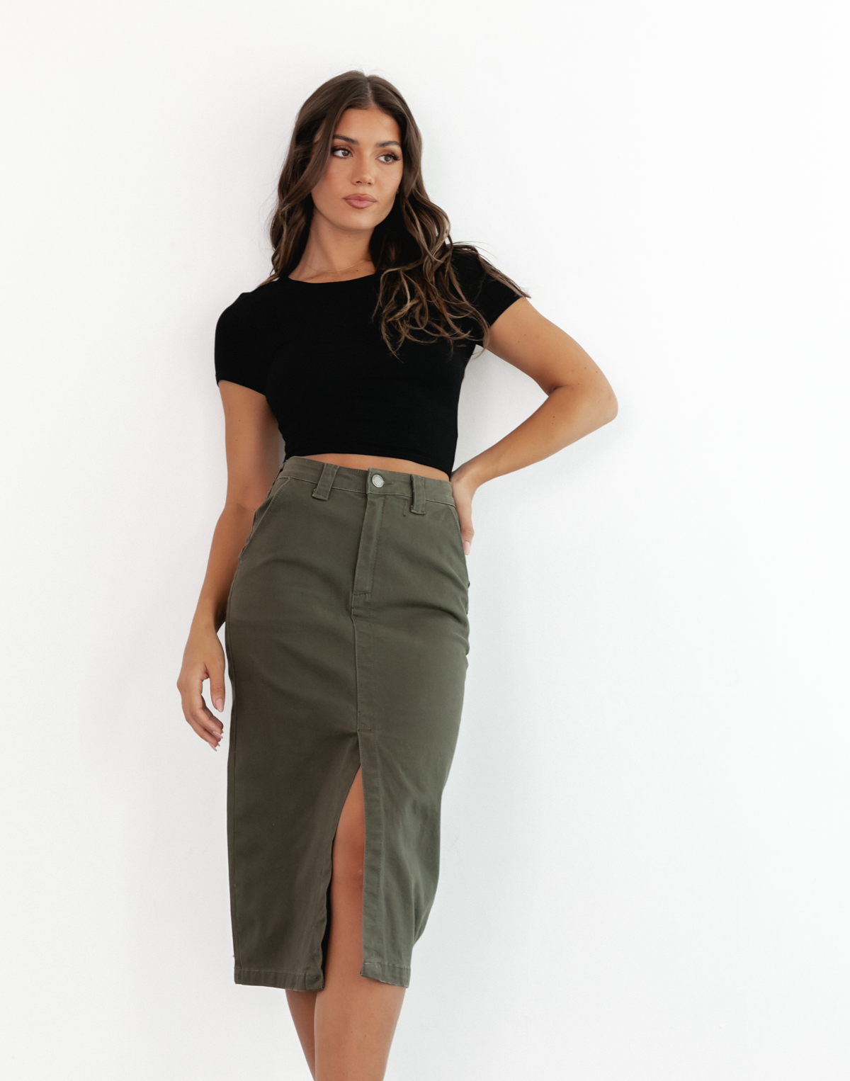 Scott Denim Midi Skirt (Khaki) - Khaki Midi Skirt With Split - Women's Skirt - Charcoal Clothing