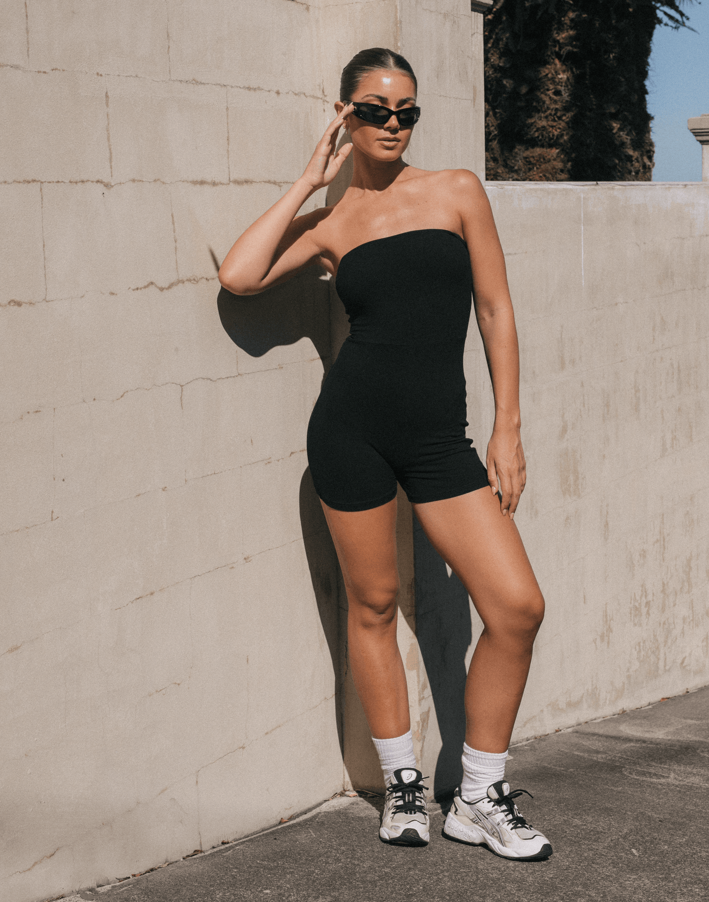 Formations Playsuit (Black) - Black Soft Rib Strapless Playsuit - Women's Playsuit - Charcoal Clothing