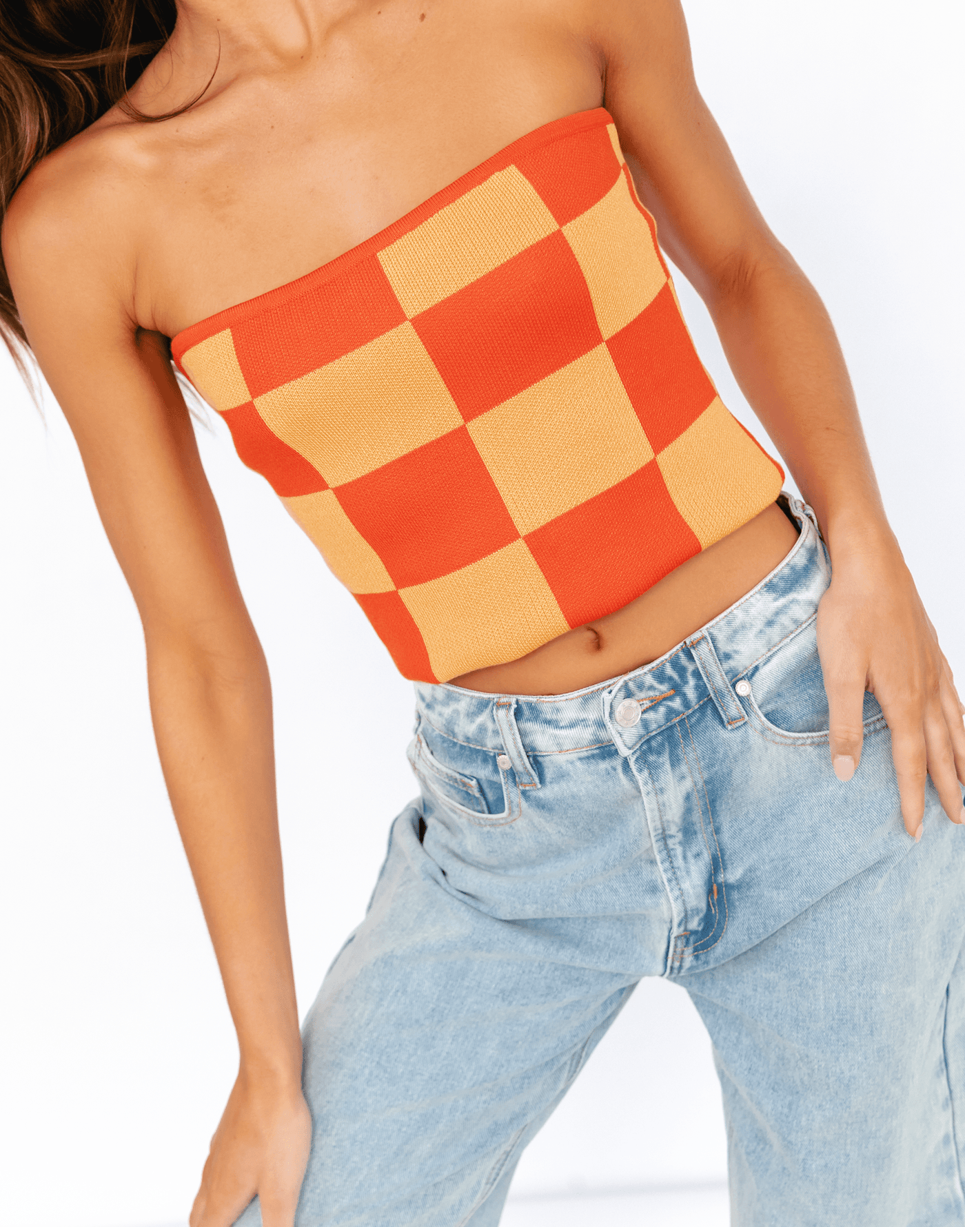 Blake Strapless Top (Red/Orange) - Checkered Printed Top - Women's Top - Charcoal Clothing