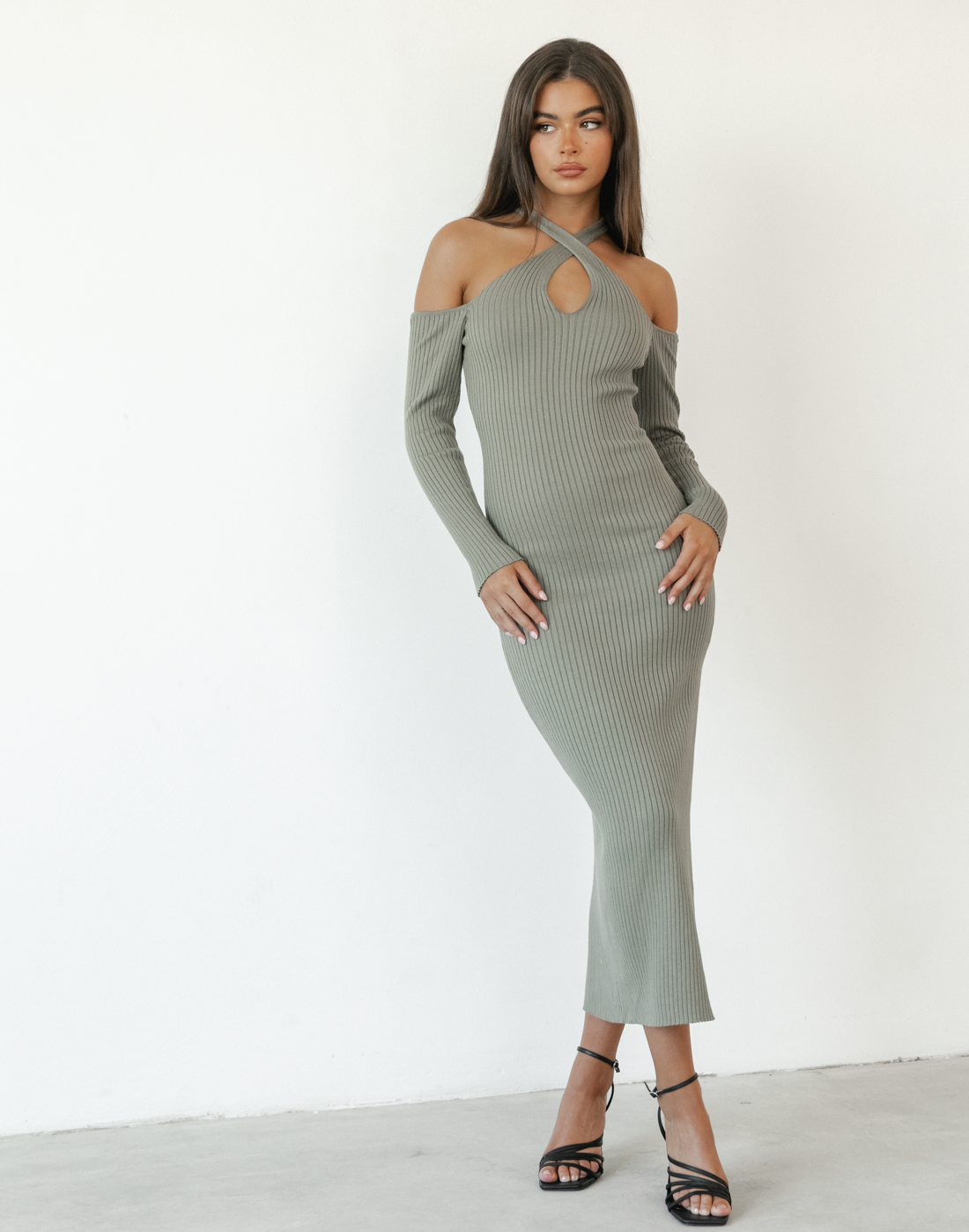 Arielle Midi Dress (Khaki) - High Neck Cut-out Midi Dress - Women's Dress - Charcoal Clothing