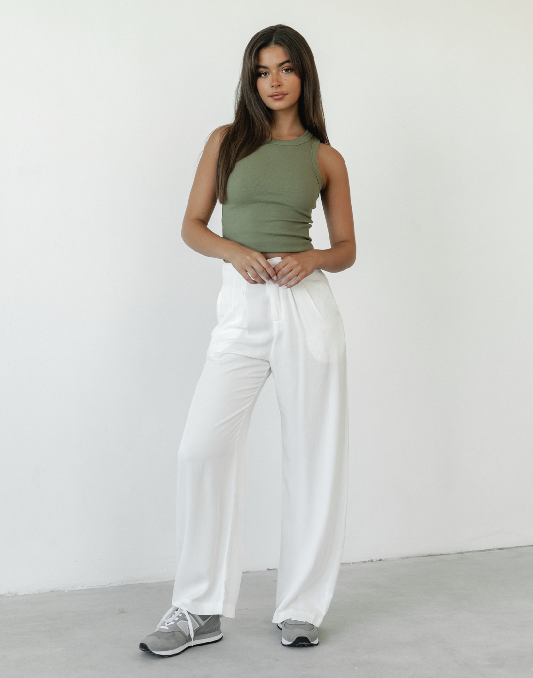 New Girl Pants (White) - White Pleated High Waisted Pants - Women's Pants - Charcoal Clothing