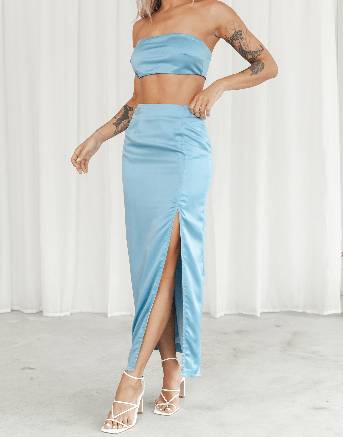 Da Vinci Midi Skirt (Blue) - Silky Midi Skirt with Side Split - Women's Skirt - Charcoal Clothing