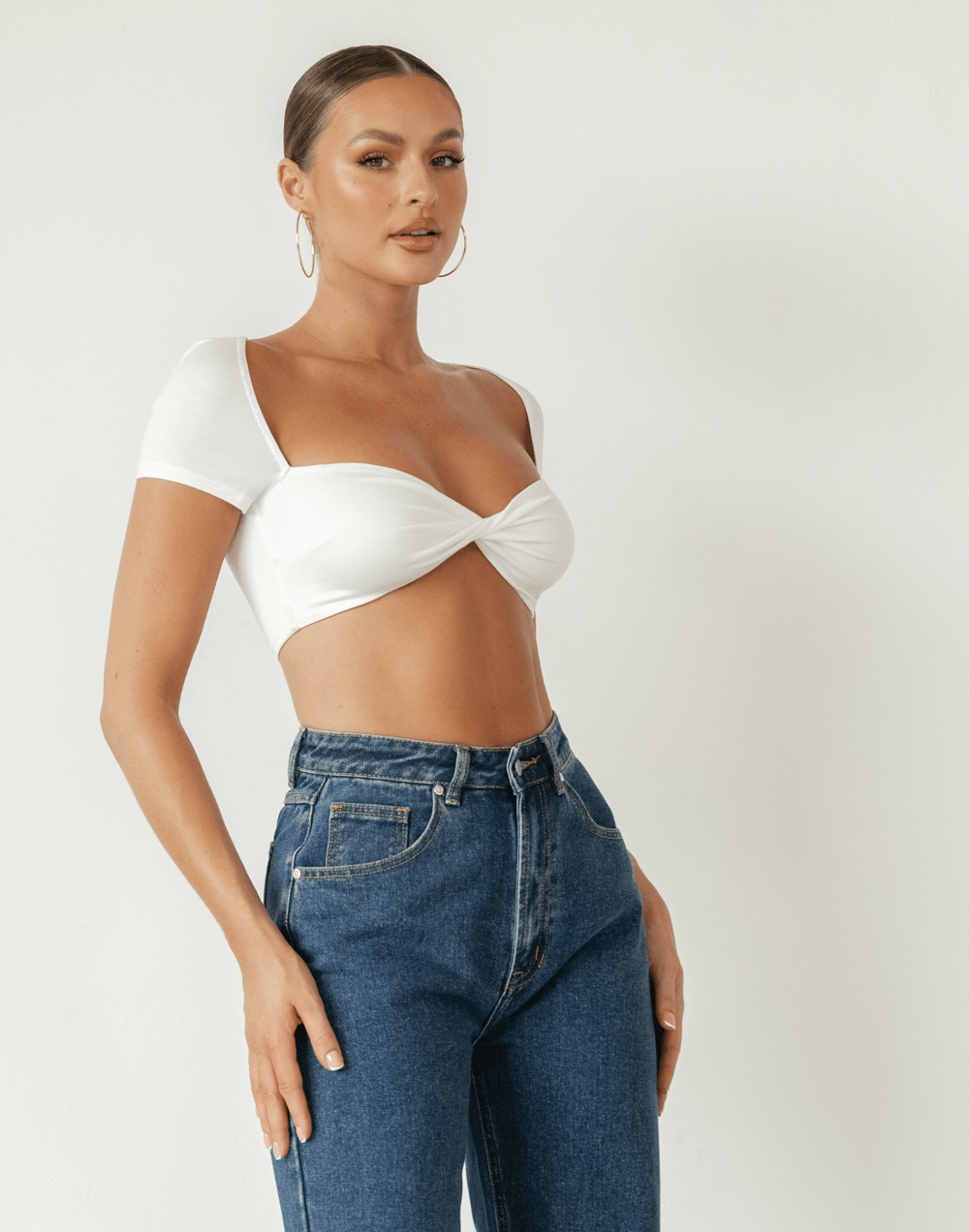 Tylah Crop Top (White) - Twisted Front Short Sleeve Crop Top - Women's Top - Charcoal Clothing