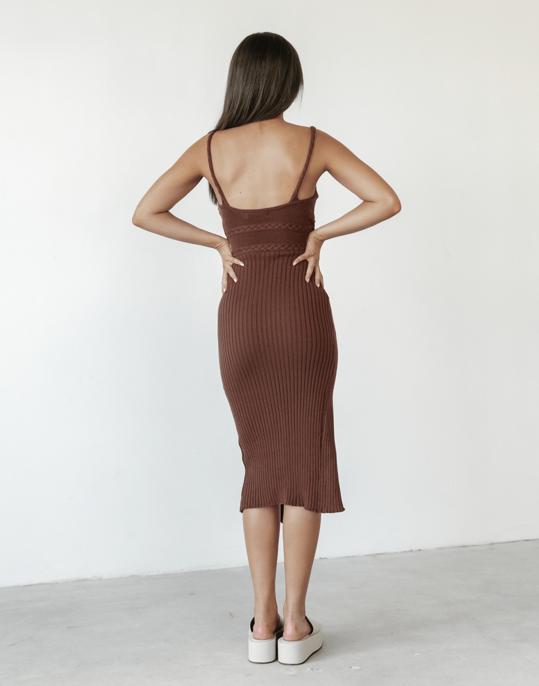 Cameron Knit Midi Dress (Brown) - Spagetthi Strap Knit Dress - Women's Dress - Charcoal Clothing