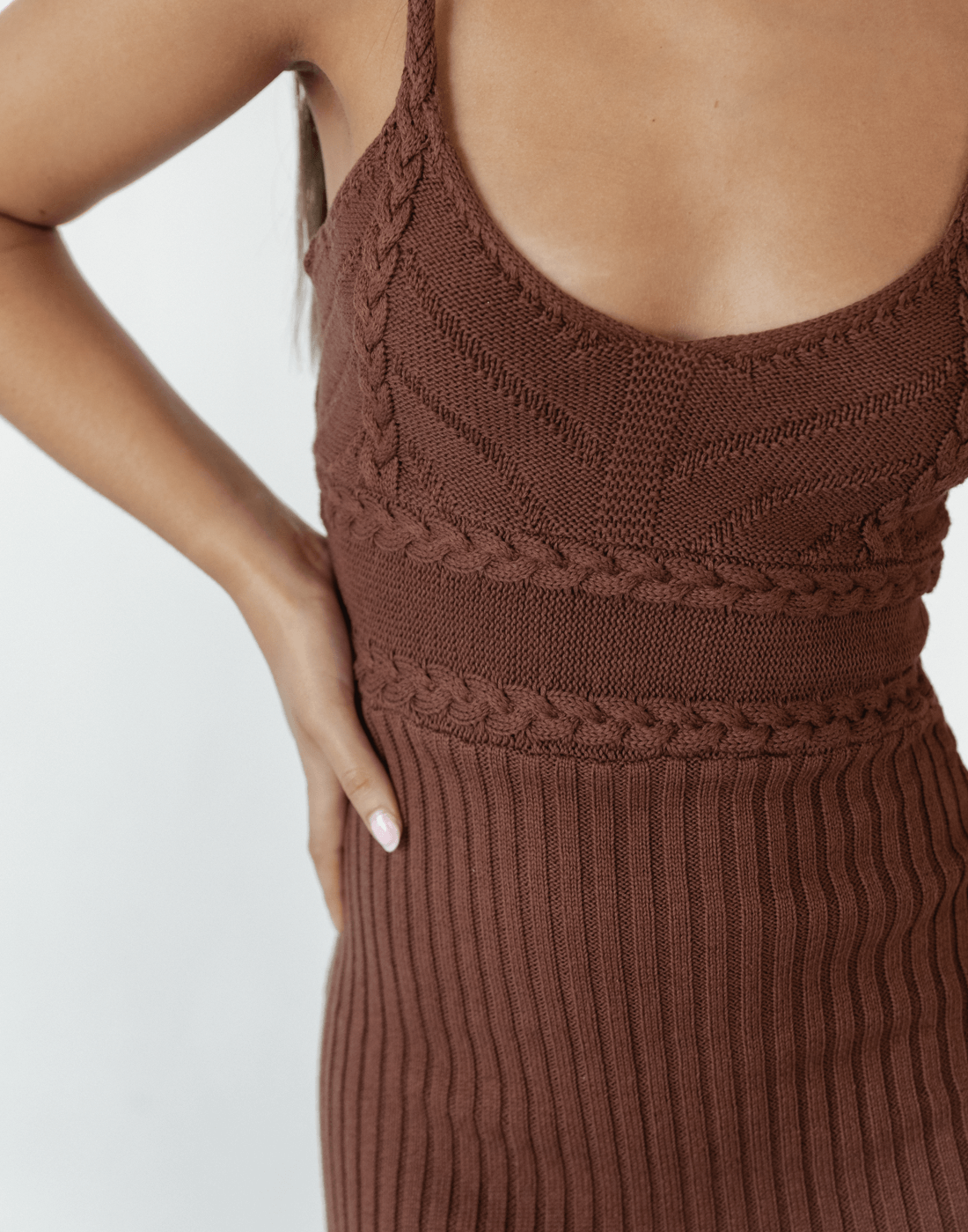 Cameron Knit Midi Dress (Brown) - Spagetthi Strap Knit Dress - Women's Dress - Charcoal Clothing