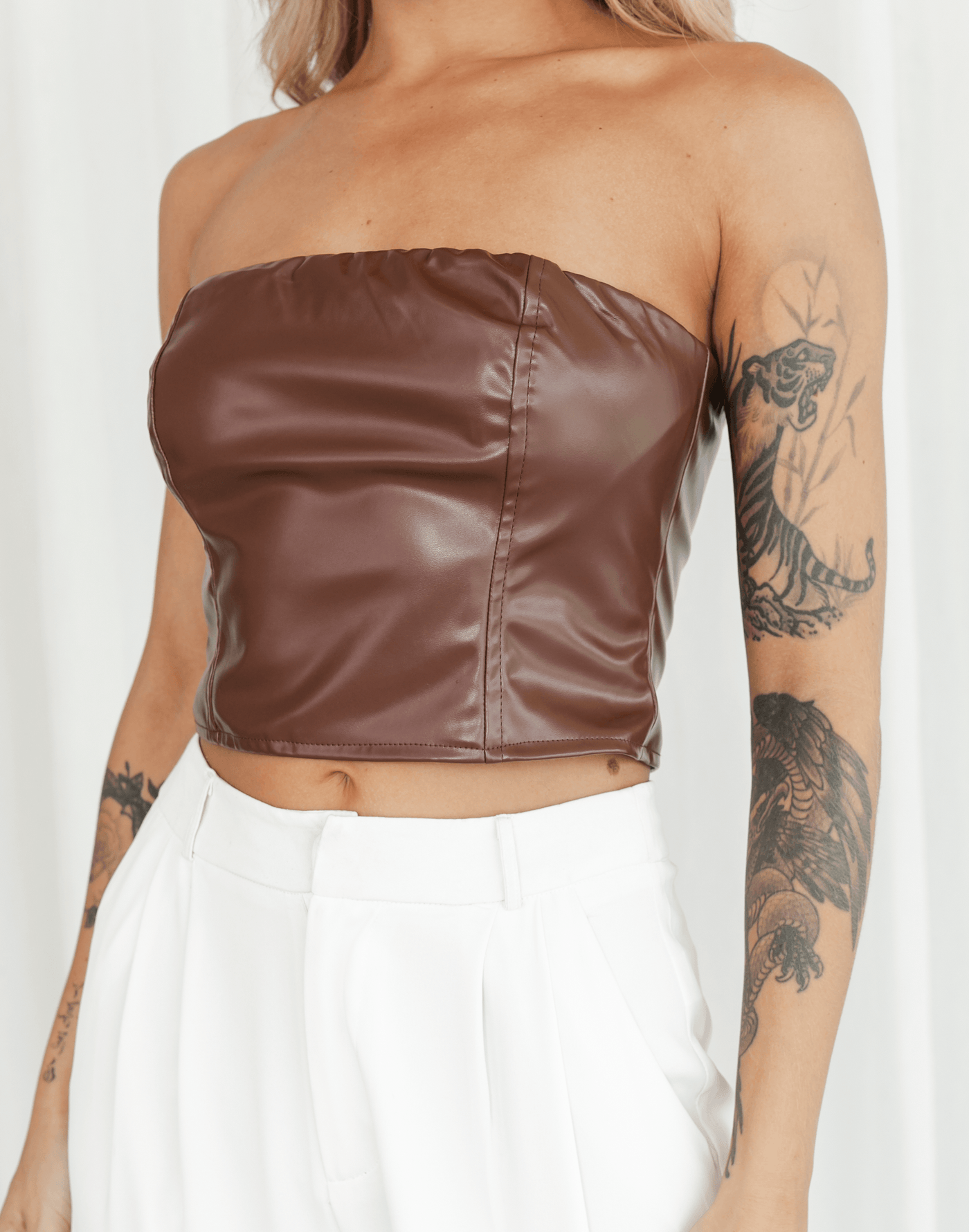 Maller Strapless Crop Top (Brown) - Brown Faux Leather Corset Top - Women's Top - Charcoal Clothing