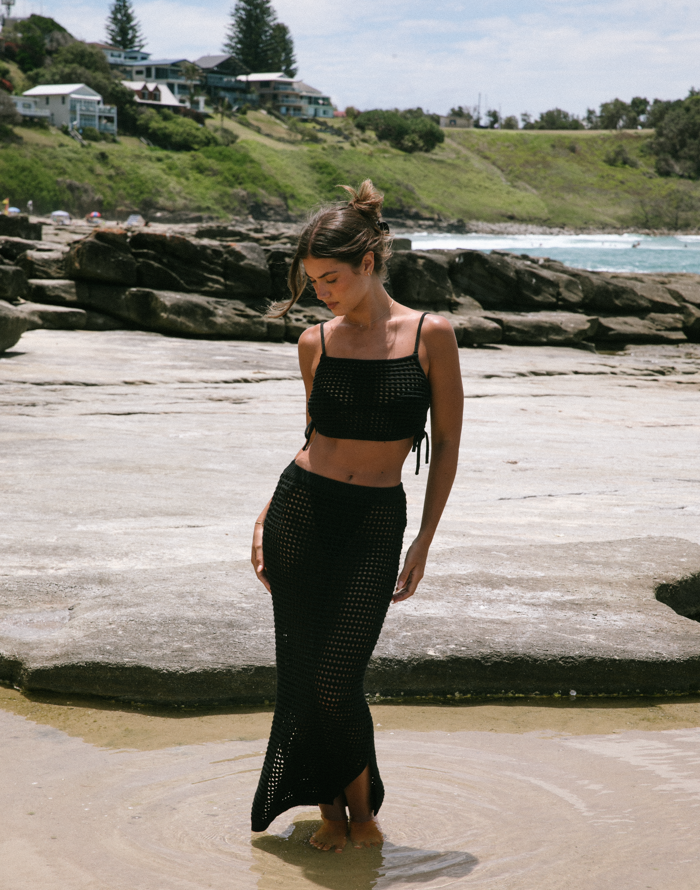Summer Fling Crop Top (Black) - Side Ruched Crochet Knit Top - Women's Top - Charcoal Clothing