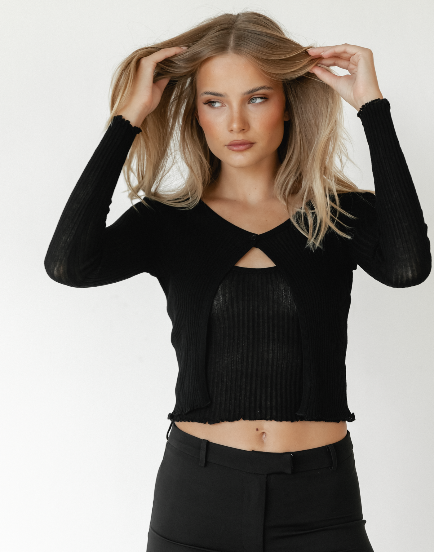 Kodie Two Piece Top (Black) - Black Cami and Cardigan Top - Women's Top - Charcoal Clothing